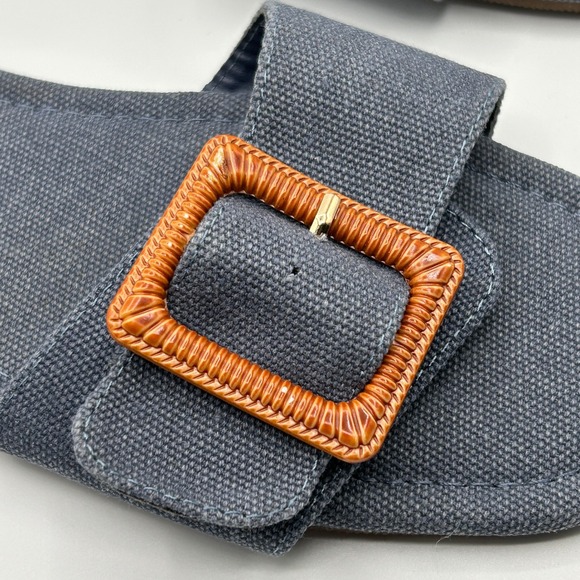LOFT Outlet Blue Fabric Slides Flat Sandals Slip On with Brown Buckle Womens 10M - Picture 6 of 9
